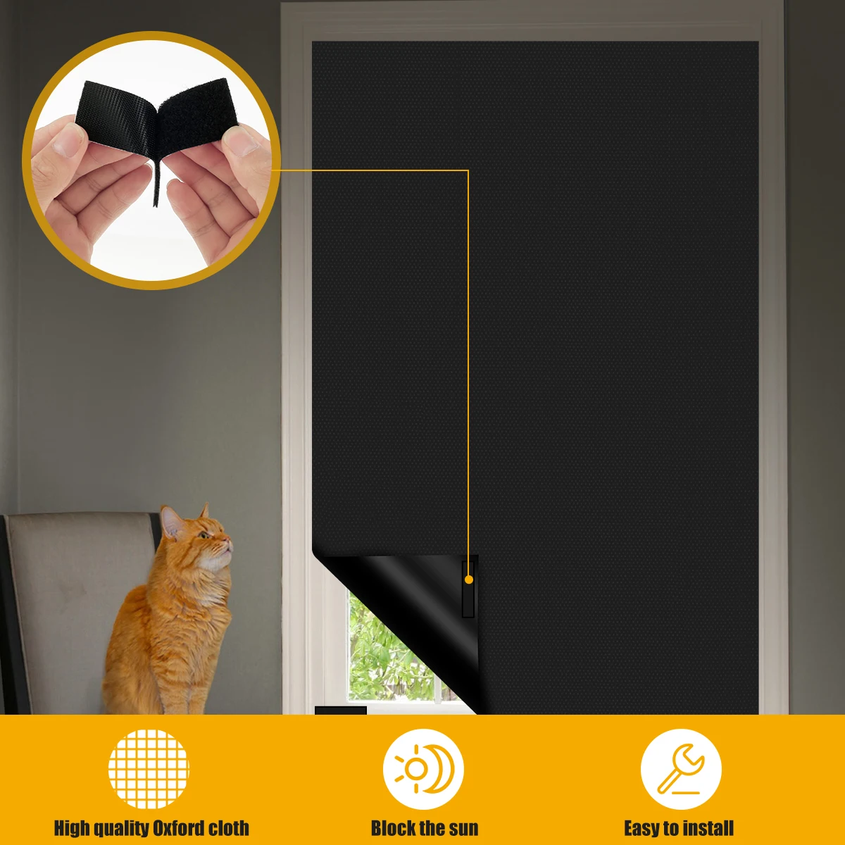 Portable Blackout Blind Black Oxford Cloth Light Blocking Curtain Self-Adhesive Privacy Protect Darkening Curtain for Travel