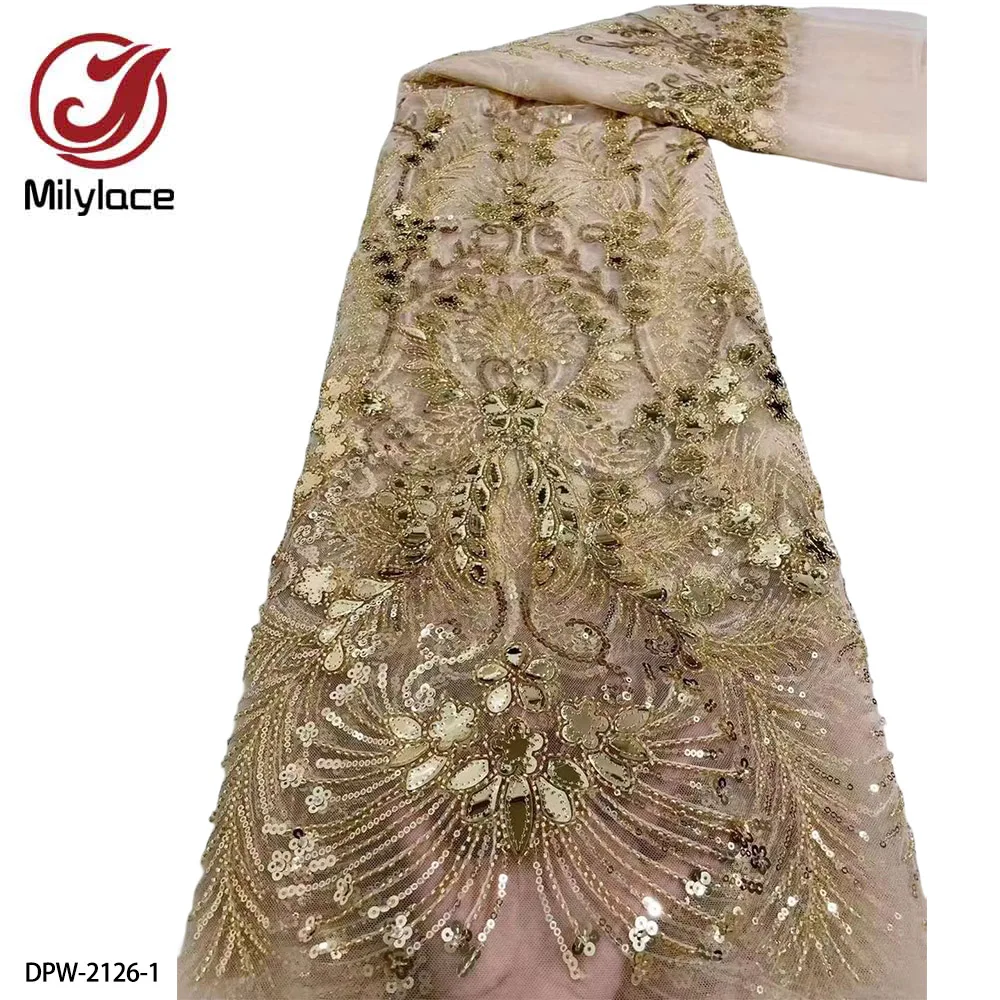 

African Sequins Lace Fabric 2022 High Quality Nigerian 3D Beads Lace Embroidery French Material for Wedding Sewing DPW-2126