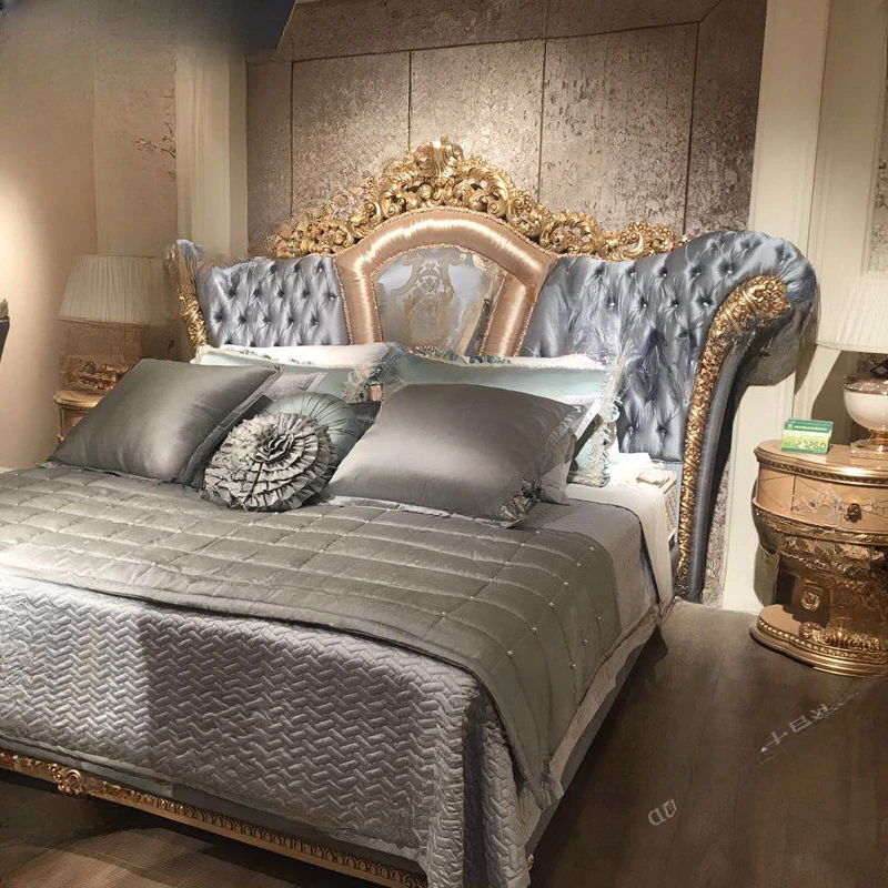 

Palace French Fabric Bed European Villa Solid Wood Double Bed Luxury Gold Foil Princess Bed Furniture Customization