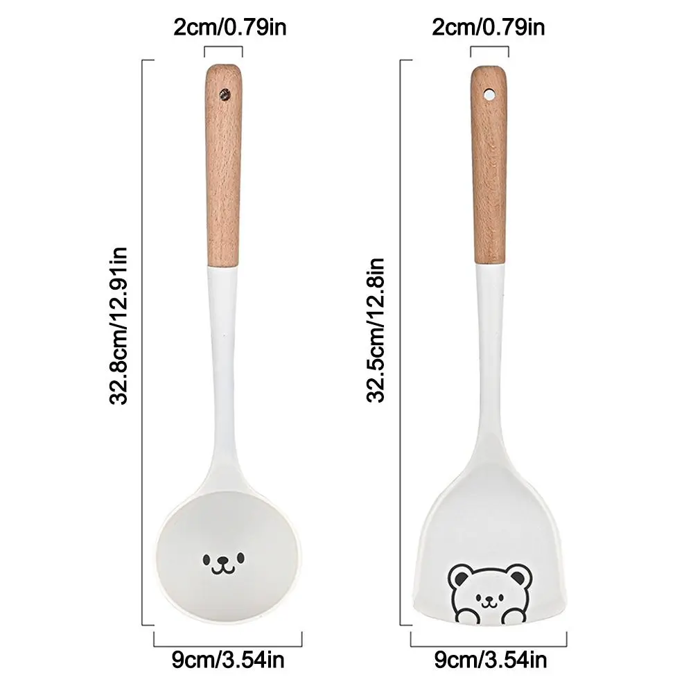 2Pcs Cartoon Spatula Spoon Wooden Handle Cooking Turner Non-Stick Silicone Soup Spoon Ladle Kitchen Pancakes Frying Pan Shovel