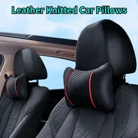 Leather Knitted Car Pillows Headrest Neck Rest Cushion Head Support Seat Accessories Auto Black Safety Pillow Universal Decor 4
