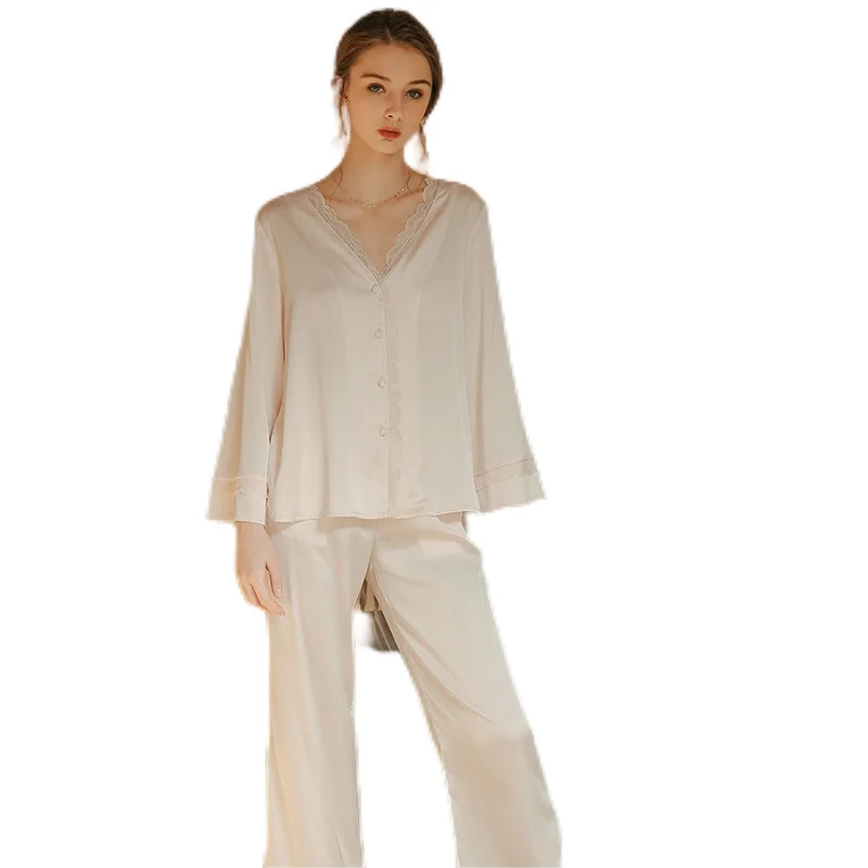 SXTHAENOO Spring Ice silk Women Pajama Set Two Pieces Long Sleeve Pants Home Clothes Night Wear Fashion Cardigan Pink Nightwear