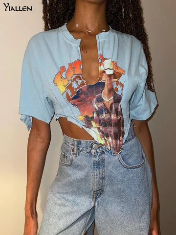 Summer Classic Print Tops Women Y2K Casual All-Match Short Sleeve Straight Hipster T-shirt Streetwear Female Clothing