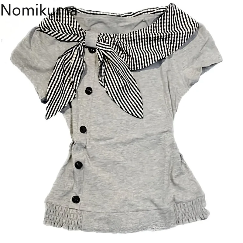 Cotton T Shirts Women's Clothes Fashion Irregular Camisetas Y2k Tops 2025 Ropa Mujer Plaid Sailor Collar Kawaii Summer T-shirts 2