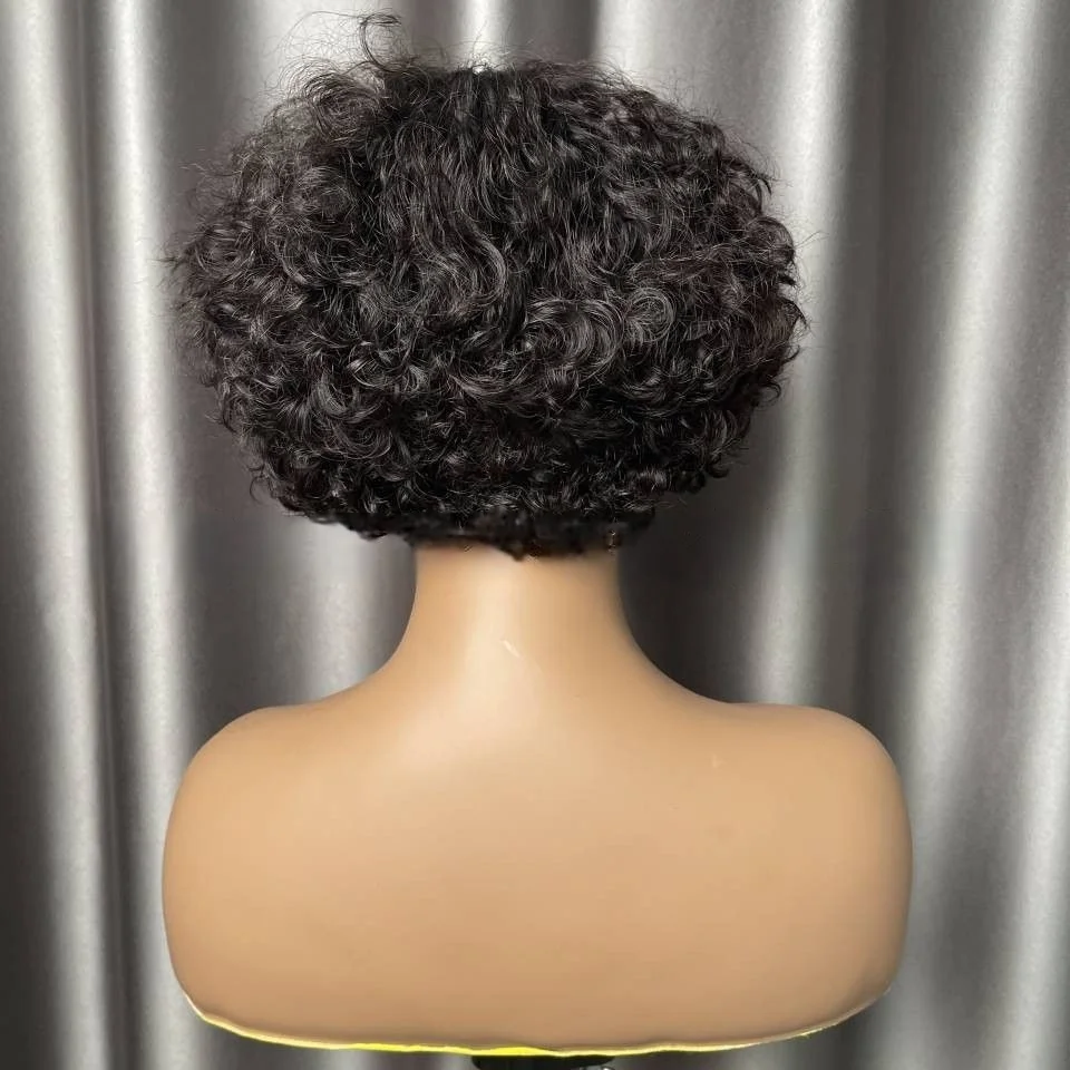 Women's Side Parted Short Curly Pixie Cut Bob， Human Hair Wig ,Full Machine Wigs， For Black Women Brazilian Remy Hair