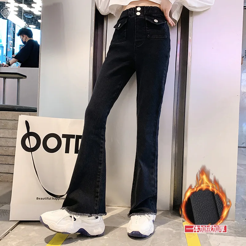 

Girls Slim Fit Elastic Flare Pants Winter Youth Children's Plush Thickened Western style Pants Children's Warm High waist Pants