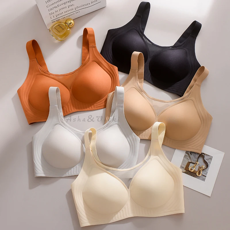 Plus Size Jelly Gum Full Cover Semi Fixed Large Cup Lace Underwear Anti Glare Mesh Woman Bra Comfortable Gathering 3