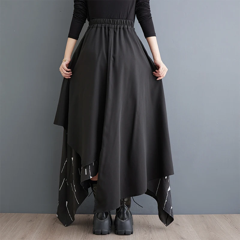 

#3056 Black Irregular Printed A-line Skirt Women Hip Hop Streetwear High Waisted Skirt Split Joint Long Skirts For Women Autumn