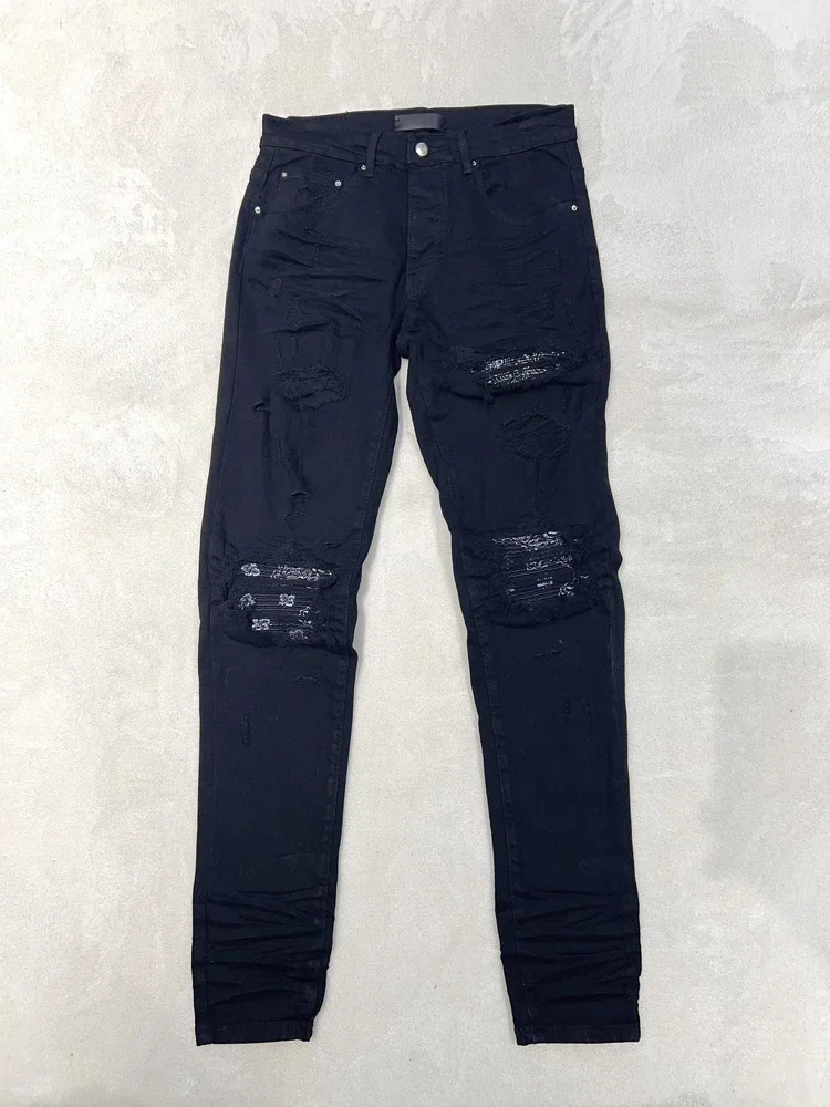 

Euramerican Fashion Men's Jeans AM New Arrival Paisley Ripped Design Denim Pant Hiphop Male Slim Stretch Denim Pencil Trouser