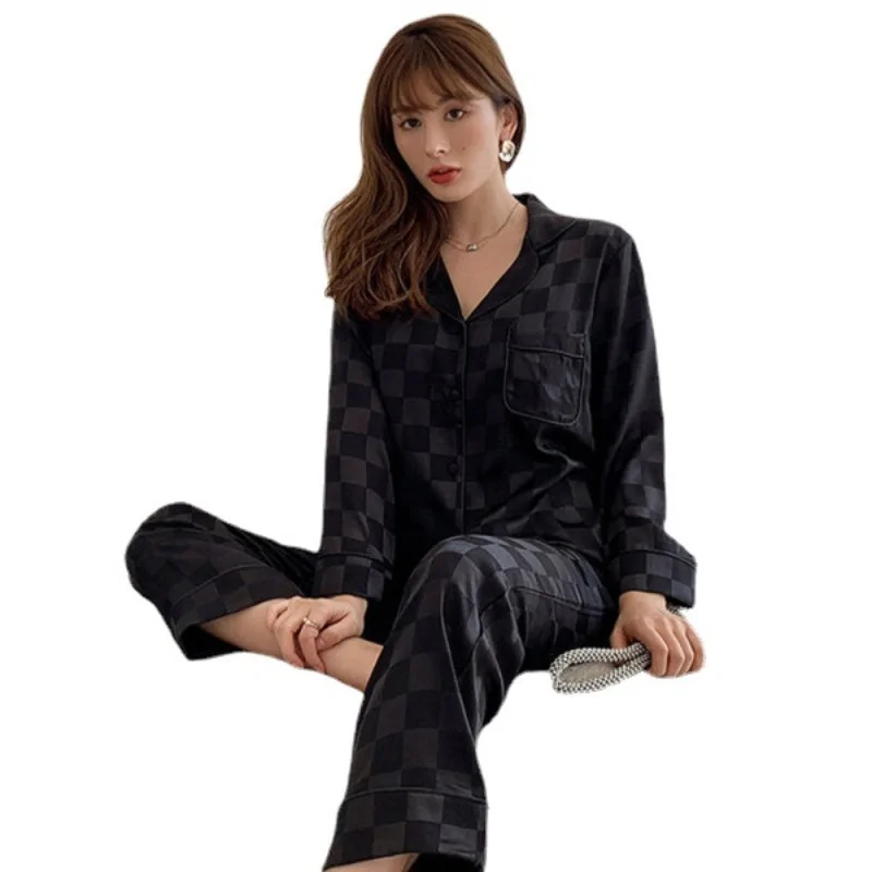 بيجامة من الحرير الجليدي بأكمام طويلة للسيدات ، بد...