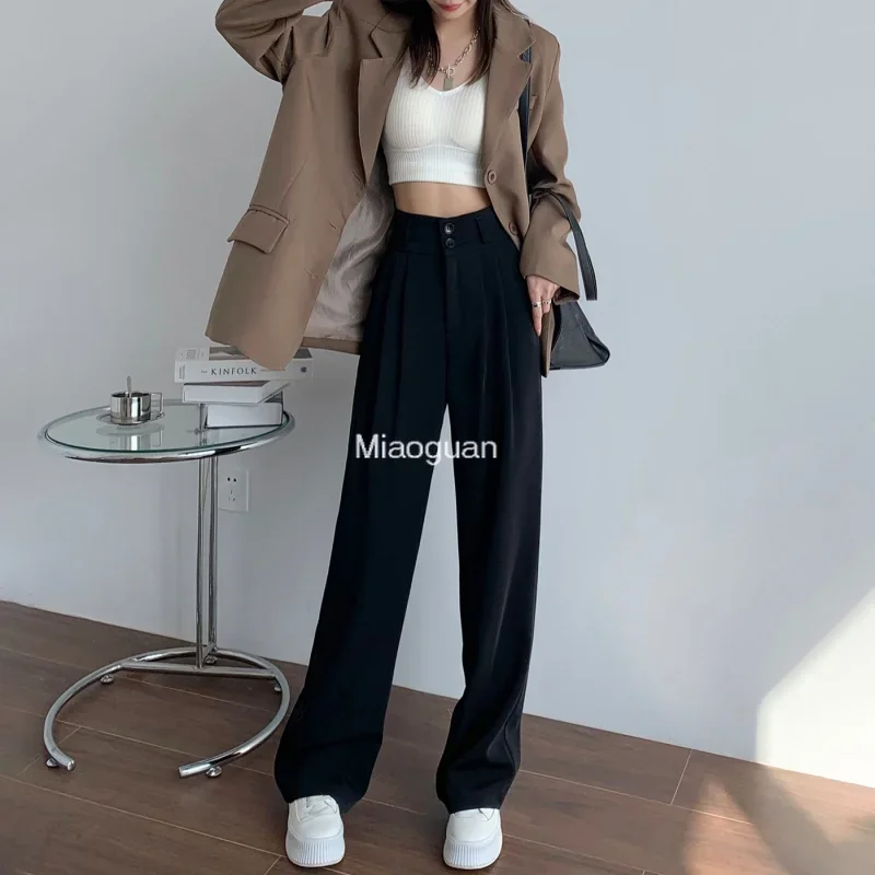 Black Suit Pants For Women Korean 2 Buttons Wide Leg Trousers Vintage  Streetwear High Fashion Office Ladies Work Pants