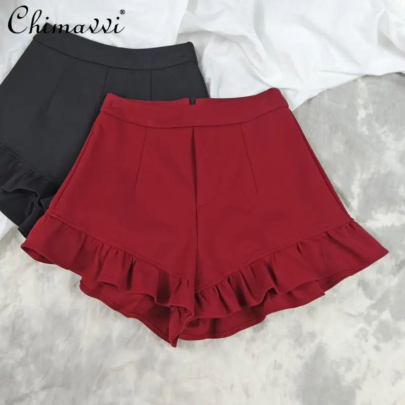 Japanese Style Ruffled High Waist Casual A- Line Wide Leg Pants Fashion Retro Pleated Short Culottes Women's Y2k Shorts Summer