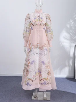 Vintage Print High Neck Midi Dress Belted Waist Bell Sleeve Flared Hem 2026 Spring Summer Chic Elegant Wedding Guest Women Gowns
