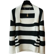 

2021 Autumn Winter New Fashionable Design Sense Vintage Black and White Stripe Sweater Square Neck Wrap Shoulder Slim Knit Women