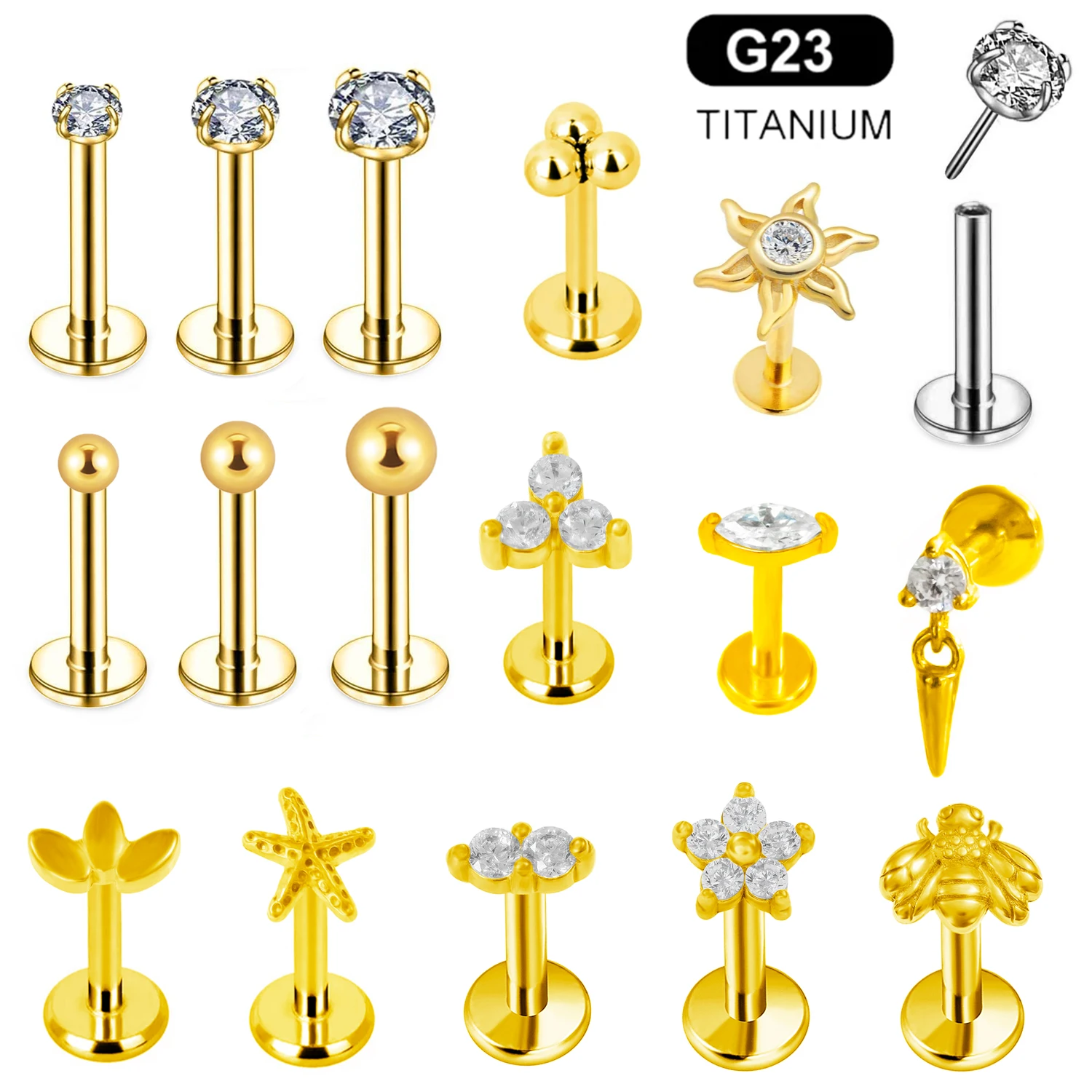 Body Piercing Jewelry ASTM F136 G23 Titanium Labret Piercing Starfish Earring Stud Bee Leaf Push In CZ Threadless Cartilage 16/18/20G