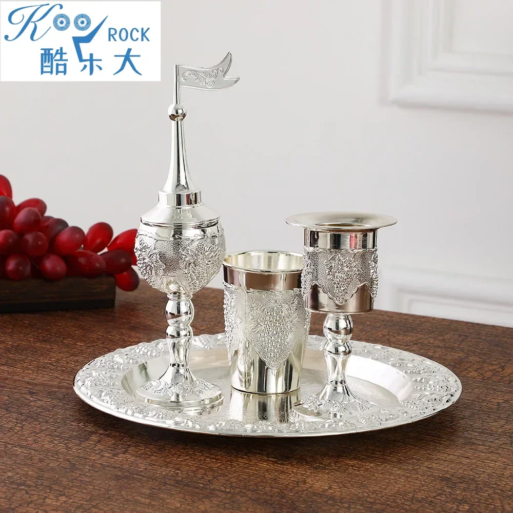 Havdalah 4pcs set Kiddush high foot cup and tray Havdalah candle holder Besamim spice box suitable for the end of the Sabbath