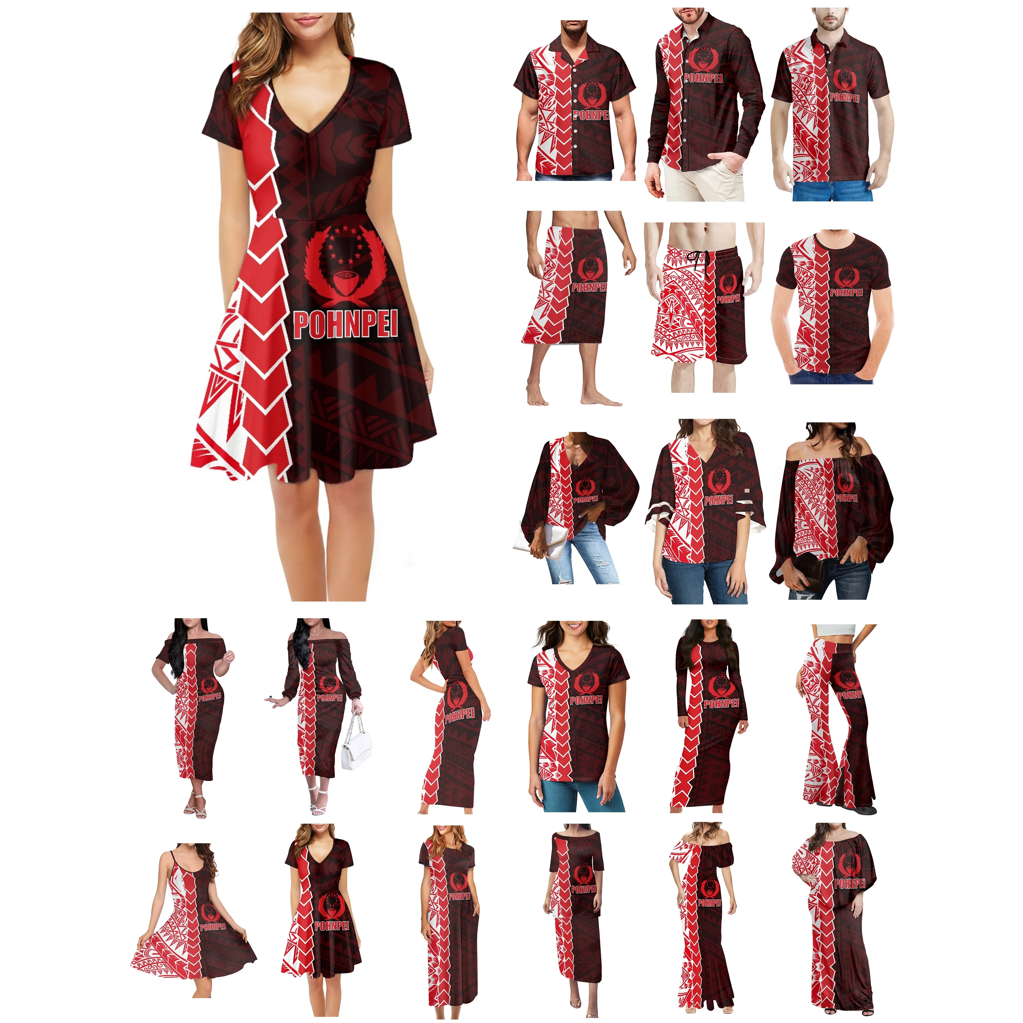 

Polynesian Pohnpei Tattoo Prints Clothes Women Dress Matching Men Shirt New Style Comfortable Casual Red And Black Lovers Clothe