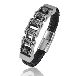 Vintage - Style Leather & Stainless Steel Multi - Layer Punk Bracelet with Magnetic Clasp - 23.5cm (Flowers chain)