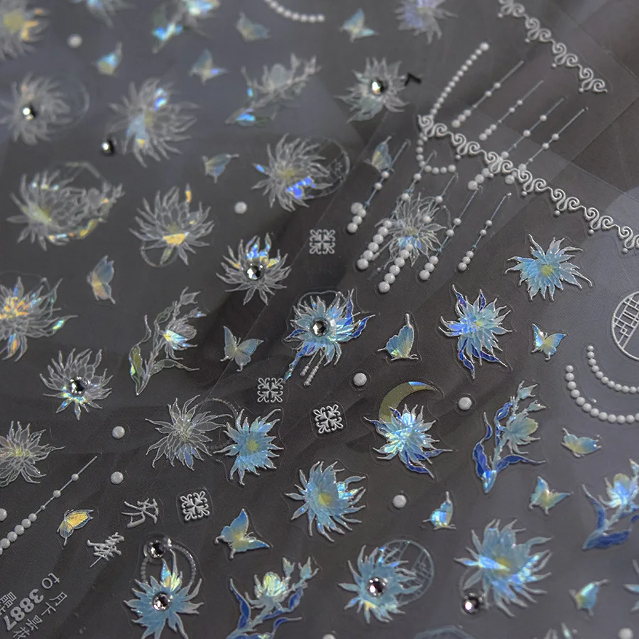 5D Glitter Gems Ice Blue Shell Laser Epiphyllum Butterfly Floral Pearl Chain Adesivo Nail Art Stickers Decalcomanie Manicure Charms