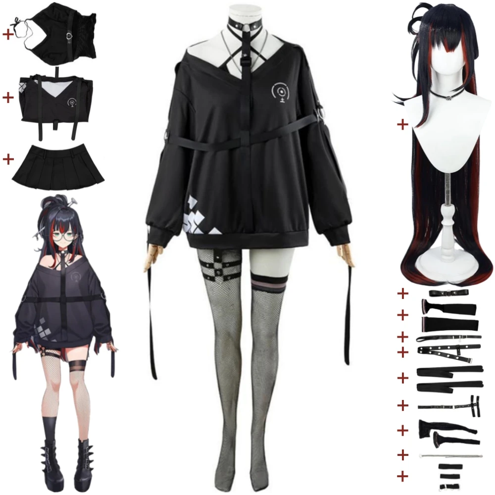 

YouTuber VTuber NIJISANJI ID Mika Melatika Mbak Kunti Cosplay Costume Wig Anime Black Hoodie Uniform Halloween Role Play Suit