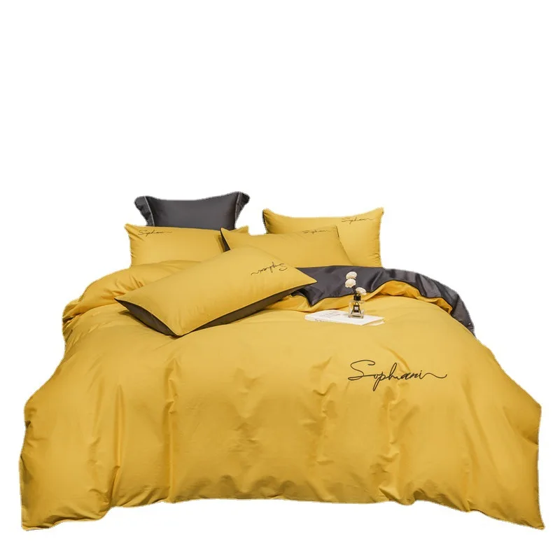 

Solid Color 60 Long-Staple Cotton Embroidered Cotton Four-Piece Set 100% Cotton Quit Cover Duvet Cover Duvet Cover Hotel Bedding