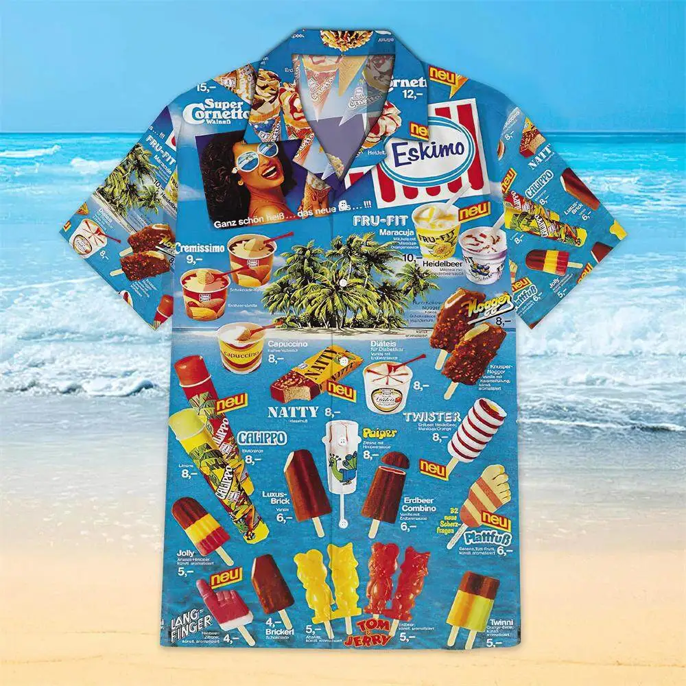 

Summer New Men's Ice Cream Shirts 3D Print Trend Man/Women Beach Party Lapel Shirts Fashion Unisex Short Sleeve Oversized Blouse