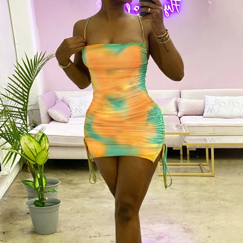 

2023 Tie Dye Ruched Bandage Sexy Mini Dress Summer Dresses Women Fashion Streetwear Outfits Clubwear Bodycon Sundress Indie Boho