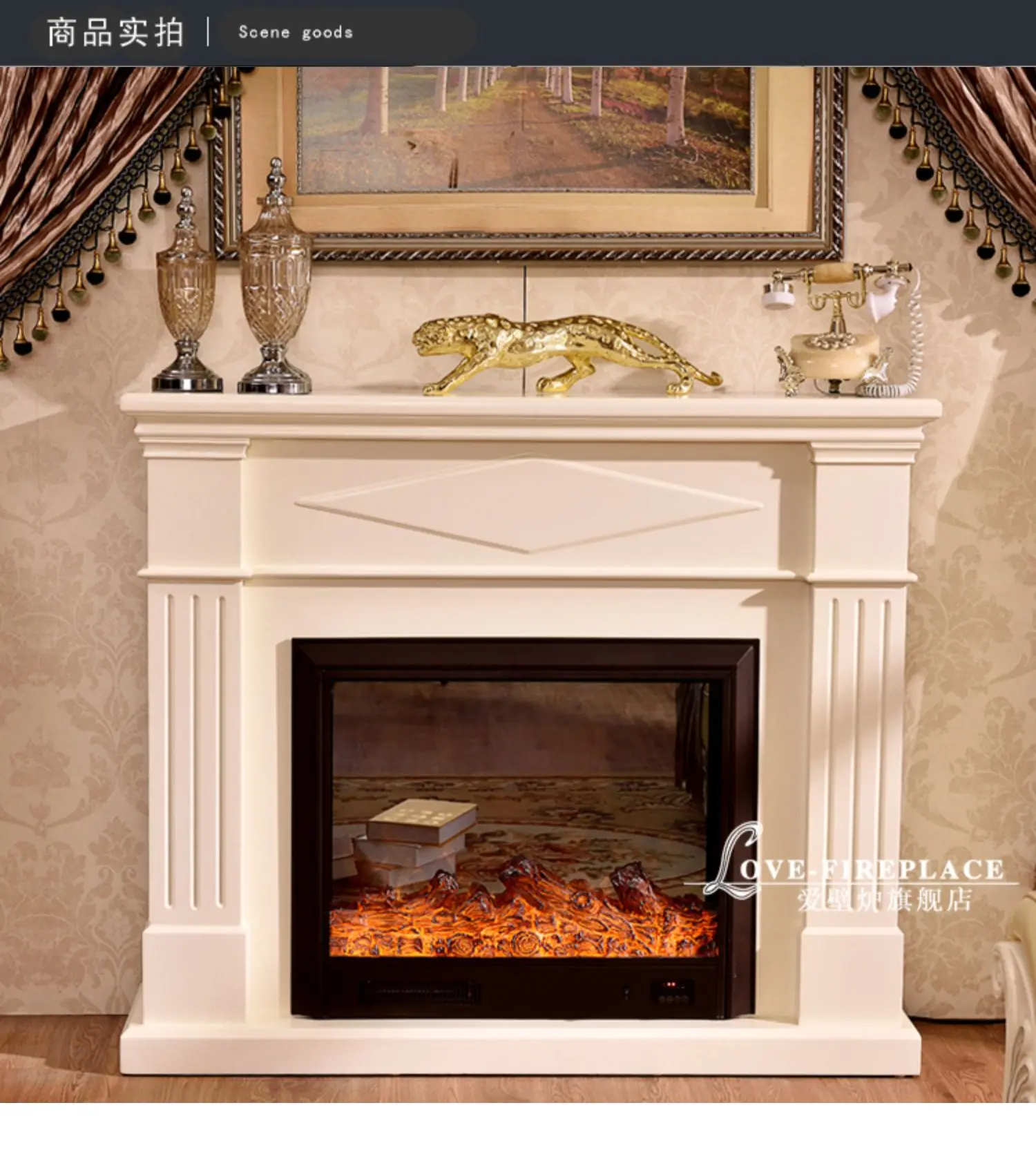 1/1.3 m Fireplace Decorative cabinets Panel wood mantel, Decorative warm air heater Flame Ivory White