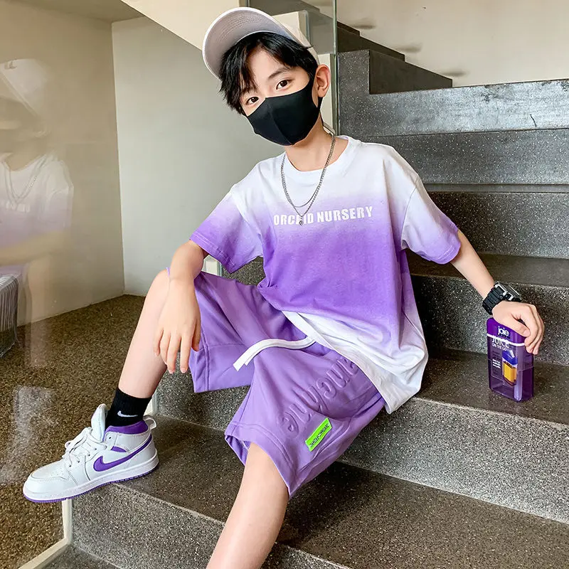 

Boys Summer Short Sleeve Clothing Set 2022 New Fashion O-Neck Letters Print Two Piece Sport Suits Big Teenager Clothes 5-14Year