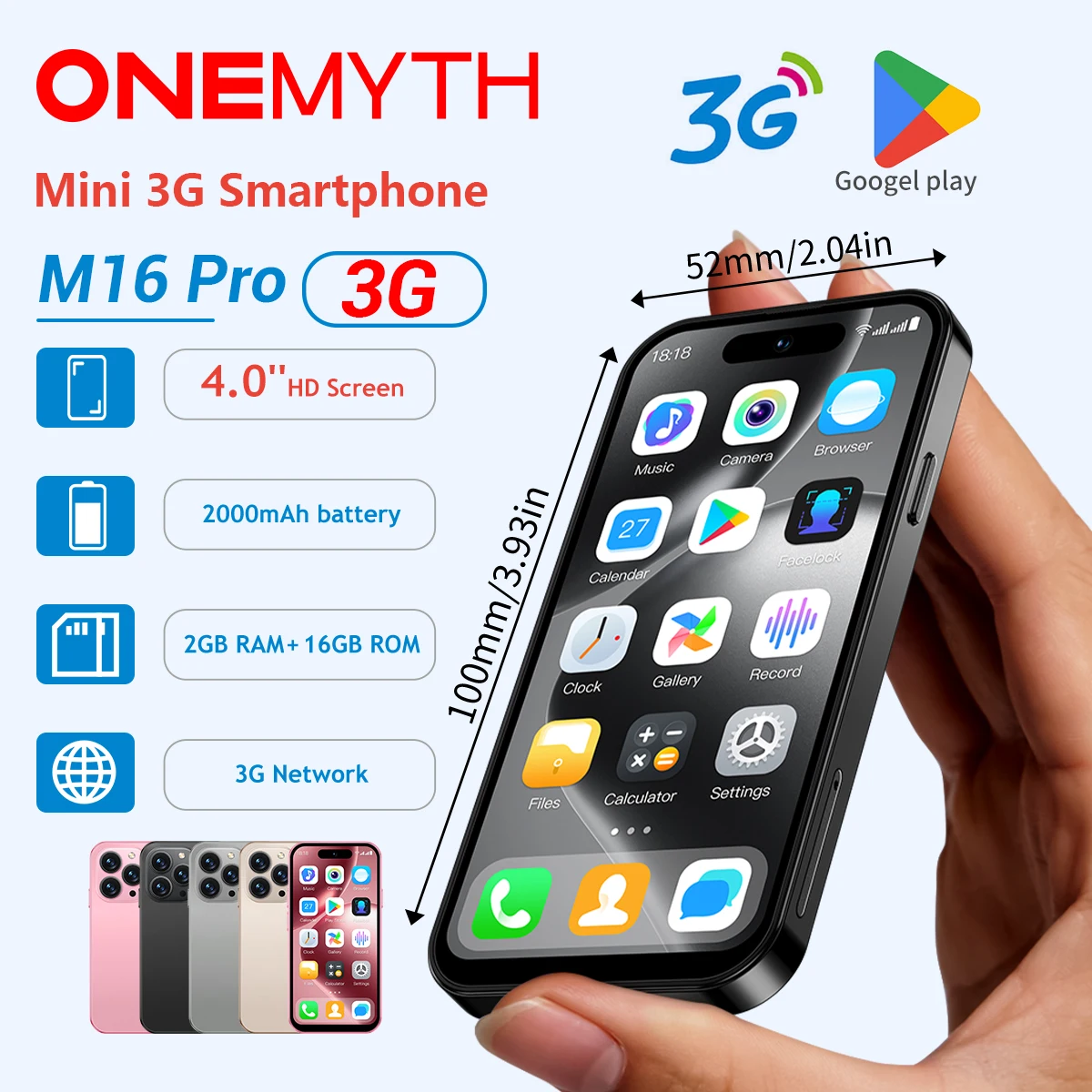 SOYES ONEMYTH M16 Pro 3G Mini Smartphone 4.0" HD Full Screen 2000mAh 2GB RAM 16GB ROM 5MP Camera Dual SIM With Face ID Whats APP 3
