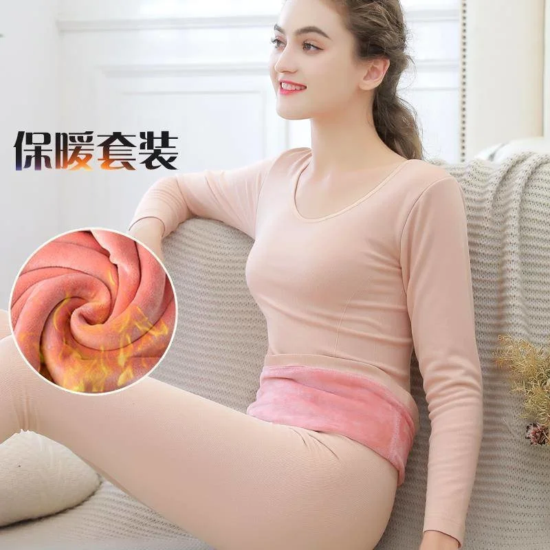 

Two Piece Sets Long Sleeve Pants Women Plus Velvet Padded Winter Thermal Underwear Thickened Warm Bottomed Winter Sleep