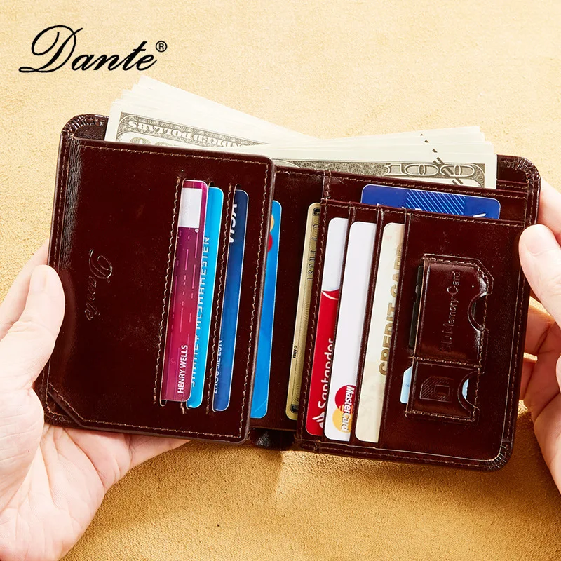 Men's Genuine Leather Oil Wax Top Layer Cowhide Anti Theft Vertical Short Wallet Card Holder