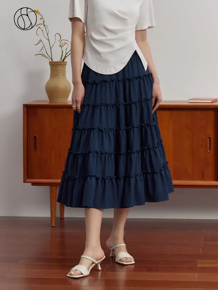 DUSHU French Sweet Style Elastic Waist Cake Skirt for Female Summer New Design Elegant A-line Dark-blue Skirt for Women