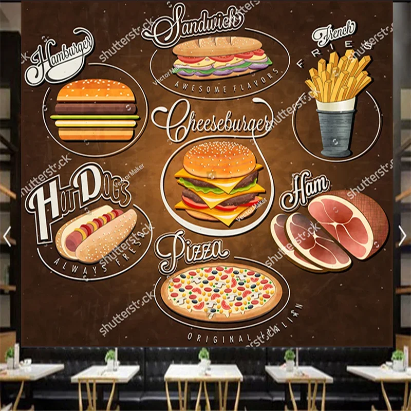 

Custom Hand Painted Fast Food Burger Fries Pizza Wallpaper Industrial Decoration Mural Restaurant Snack Bar Background Wallpaper