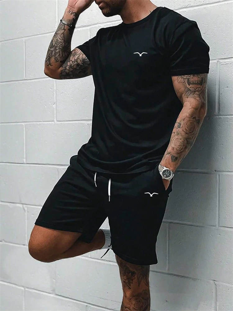 2024 New Men's Casual Short-Sleeved Shorts 2-Piece Urban Street Fashion T-Shirt Shorts Suit Men's Seagull Logo Printed Tracksuit