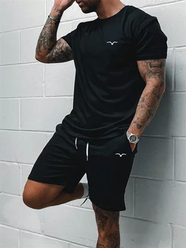 2024 New Men's Casual Short-Sleeved Shorts 2-Piece Urban Street Fashion T-Shirt Shorts Suit Men's Seagull Logo Printed Tracksuit
