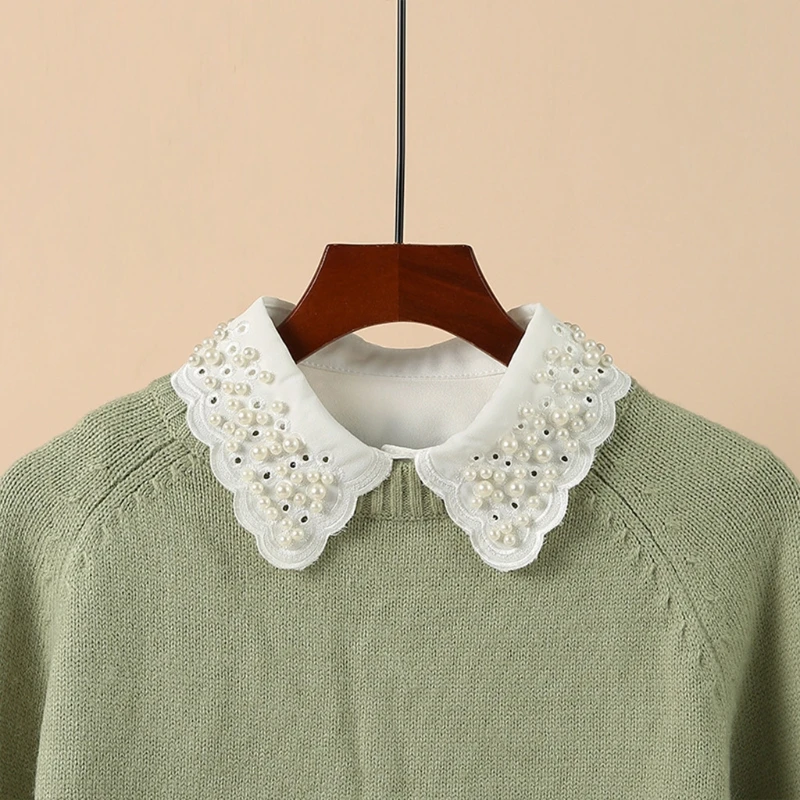 Faux Beaded Fake Collar Women White Dickey Embroidery Scalloped Half Shirt drop shipping
