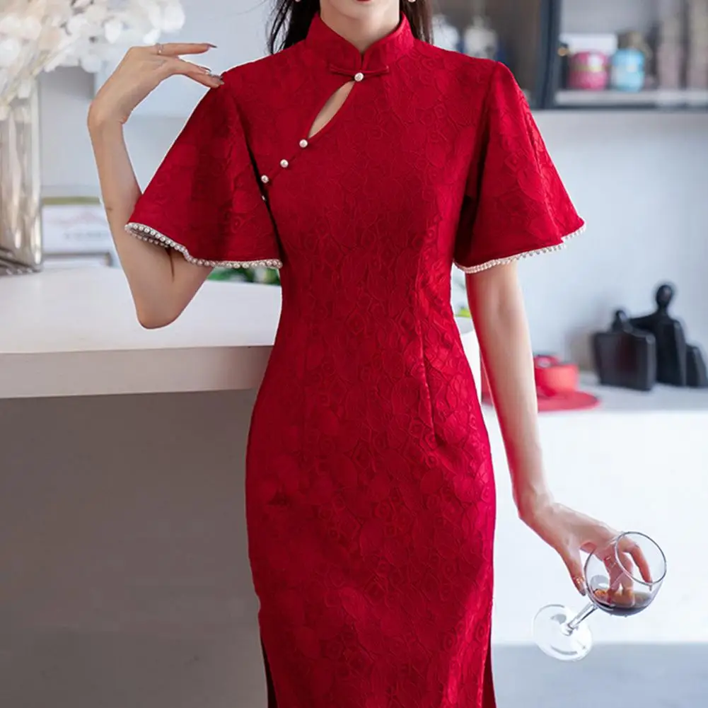 

Lace Splicing Cheongsam Elegant Lace Cheongsam Qipao Stand Collar Retro Dress for Women Chinese Style Evening Wedding Dress