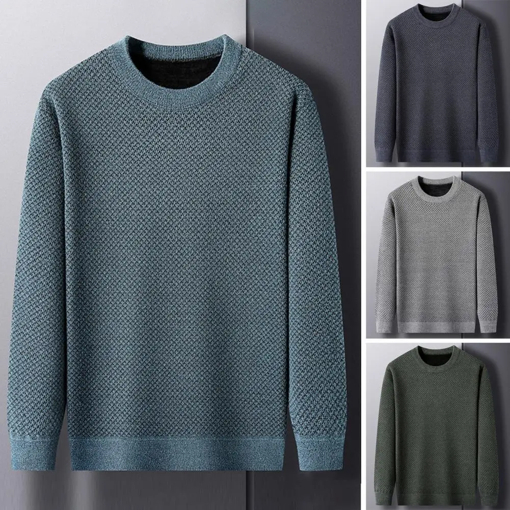

Fall Winter Men Sweater Thickened Plush Round Neck Long Sleeve Solid Color Warm Pullover Mid Length Casual Mid-aged Men Top