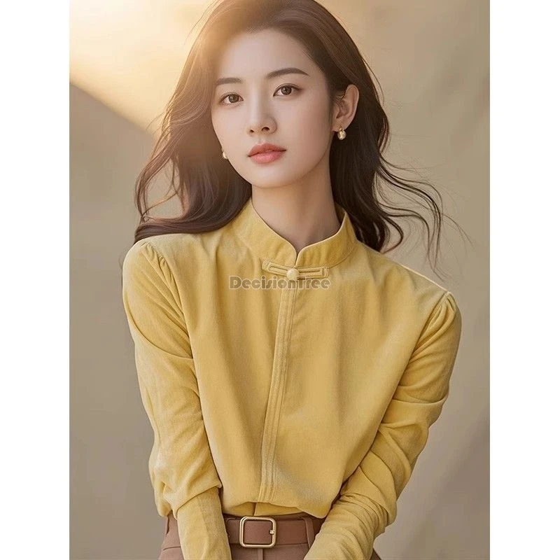 autumn new stand collar long sleeved blouse chinese style fashionable warm velvet top simple elegant leisure tang suit top