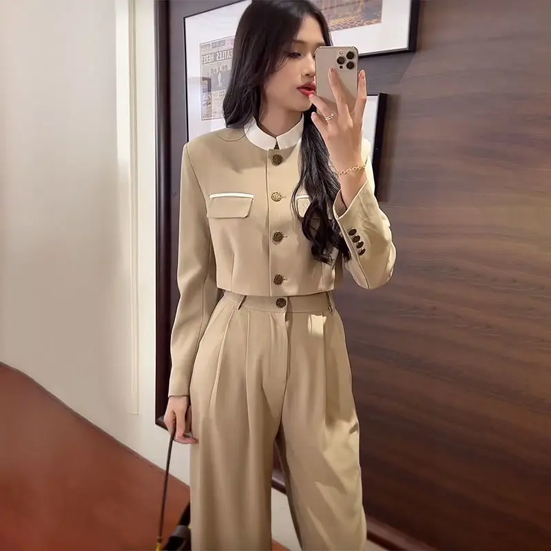 

Women's Vintage Casual Stand Up Collar Blazer Wide Leg Pants Set Commuter Solid Color Single-breasted Suit Trouser Two-piece Set