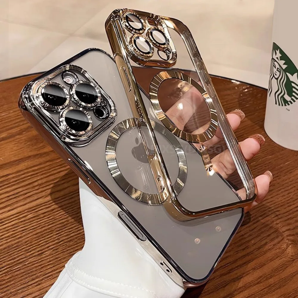 Luxury Transparent Pink Soft Plating Case with Magnetic Lens Protection