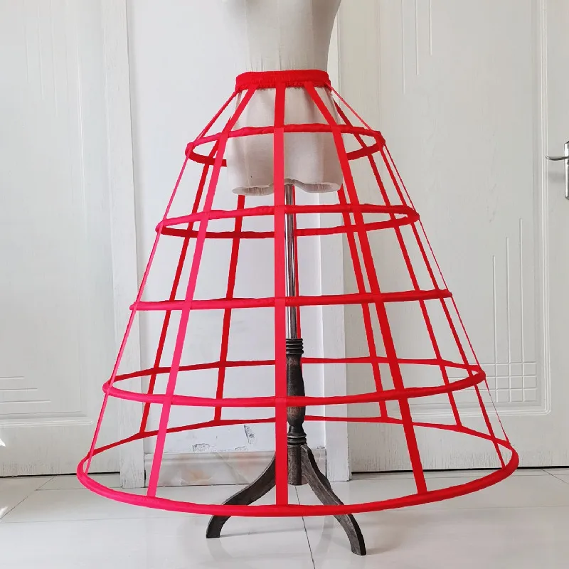 Petticoat Skirt Ladies Red Hollow Cage 5 Hoops Floor Length Pannier Bustle Underskirt