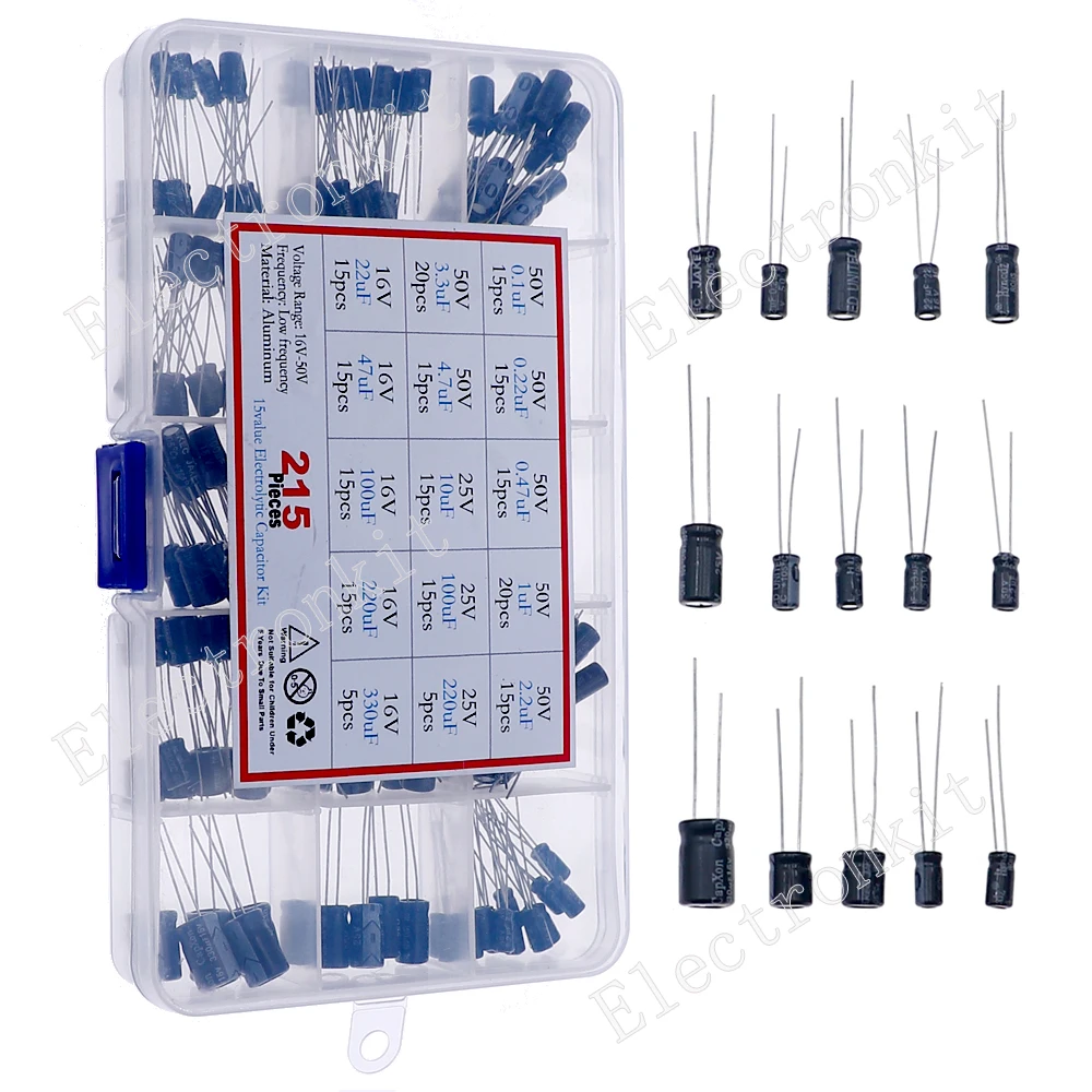 215pcs 15 Values Electrolytic Capacitors Mixed kit Box 0.1UF0.22UF0.33UF0.47UF1UF2.2UF3.3UF4.7UF10UF22UF33UF47UF100UF220UF330UF