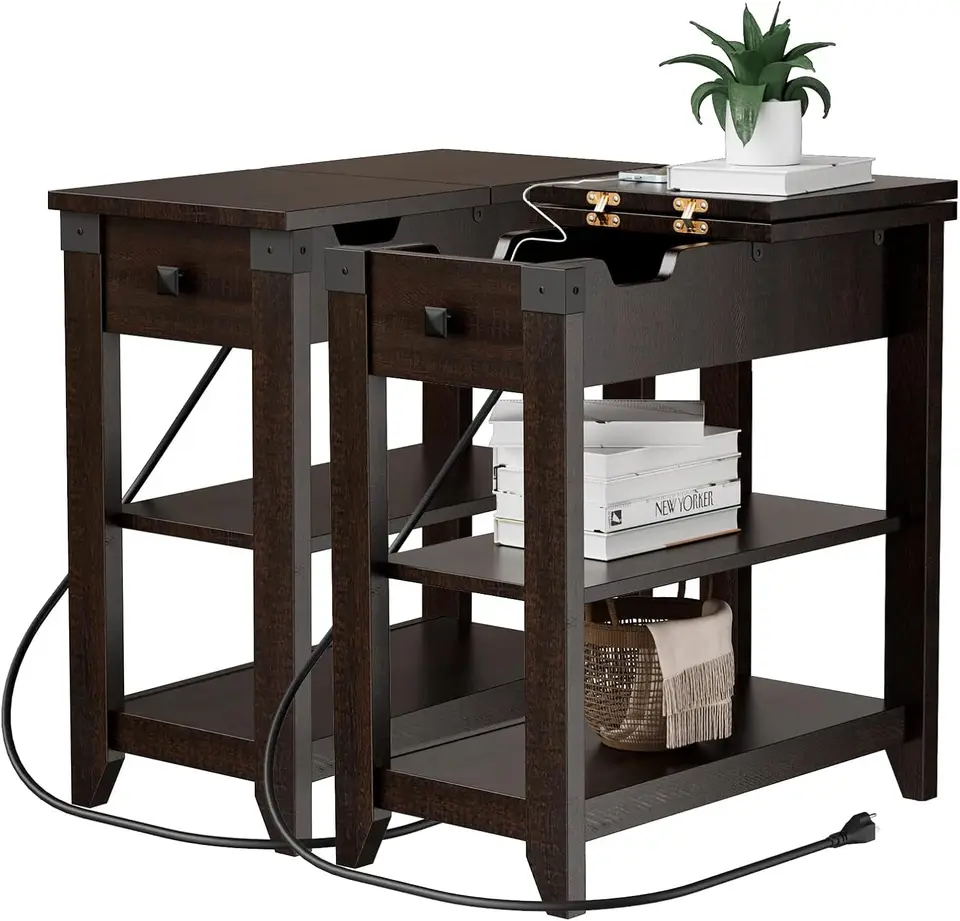 Set of 2 Flip Top Side Tables with Charging Station