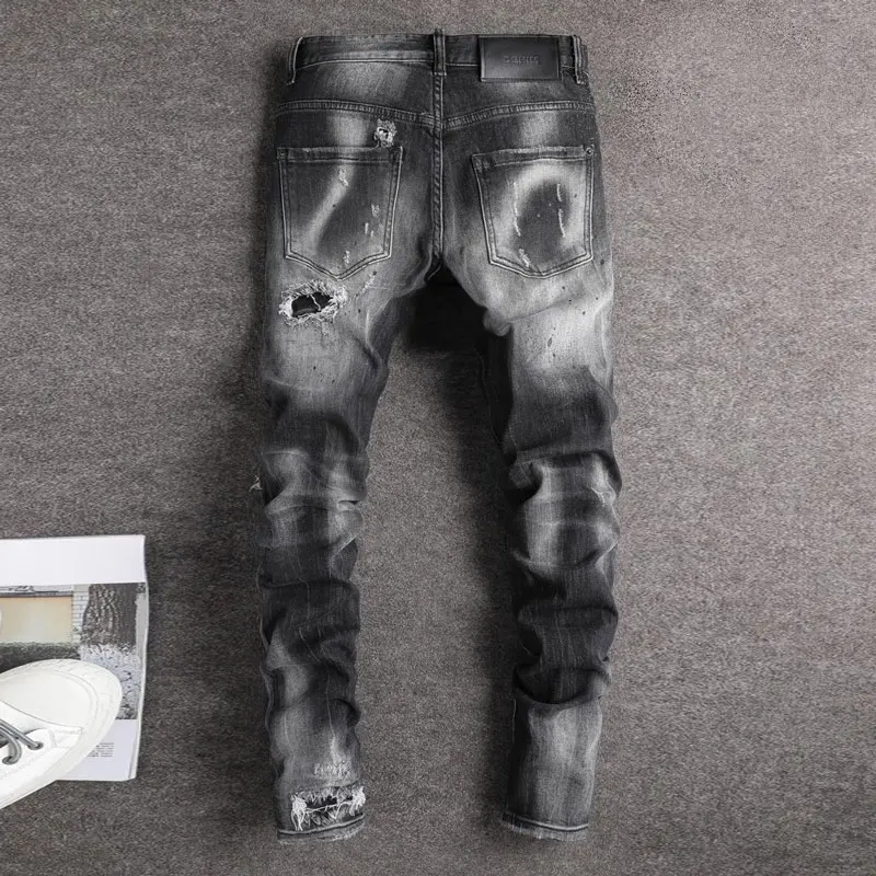 Streetwear Fashion Men Jeans Retro Black Gray Stretch Slim Fit Hole Ripped Jeans Men Patched Designer Hip Hop Brand Pants Hombre
