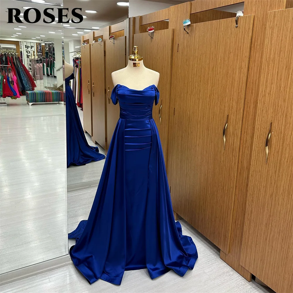 

ROSES Royal Blue Prom Dresses Elegant Scoop A-Line فستان سهرة Off The Shoulder Satin Evening Dresses Floor Lenght Party Dress