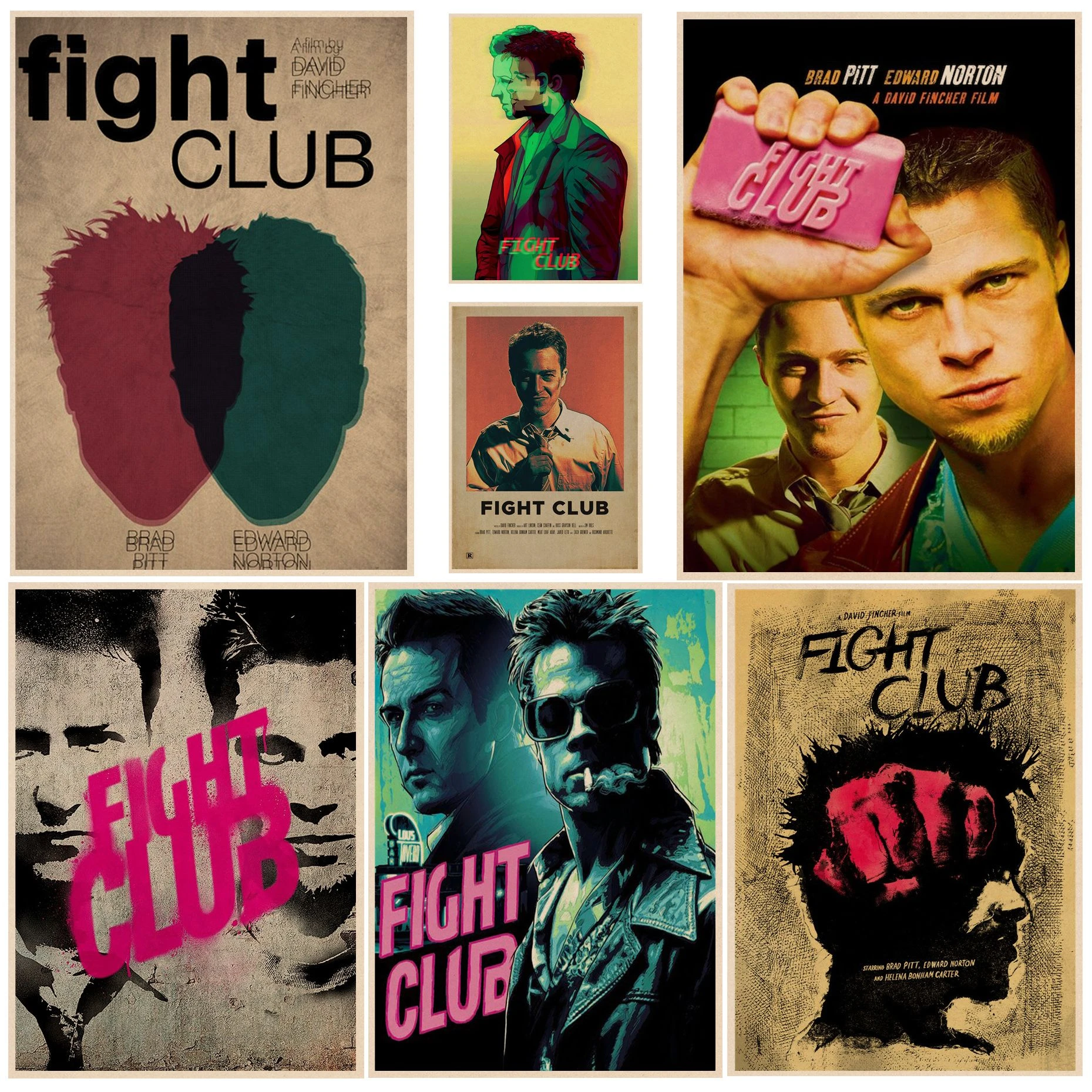 Película clásica Brad Pitt película Fight Club carteles Retro Vintage  habitación hogar Bar cafetería decoración estética arte pintura de pared| |  - AliExpress