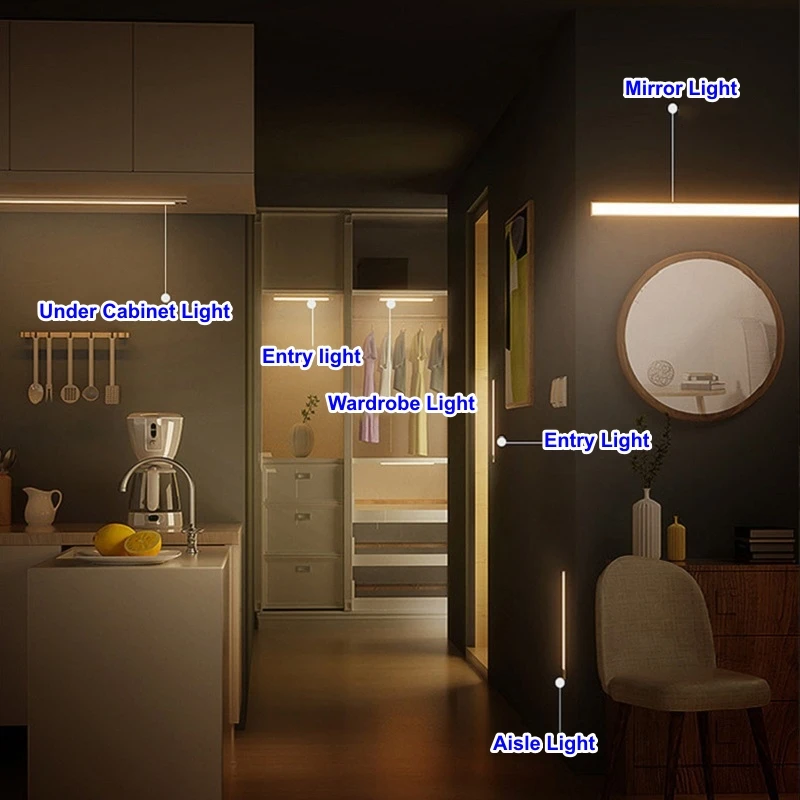 Motion Sensor Wireless LED Night Light USB Rechargeable Long Strip Bar Lamp for Kitchen Cabinet Wardrobe Bedside Staircase Tube 3