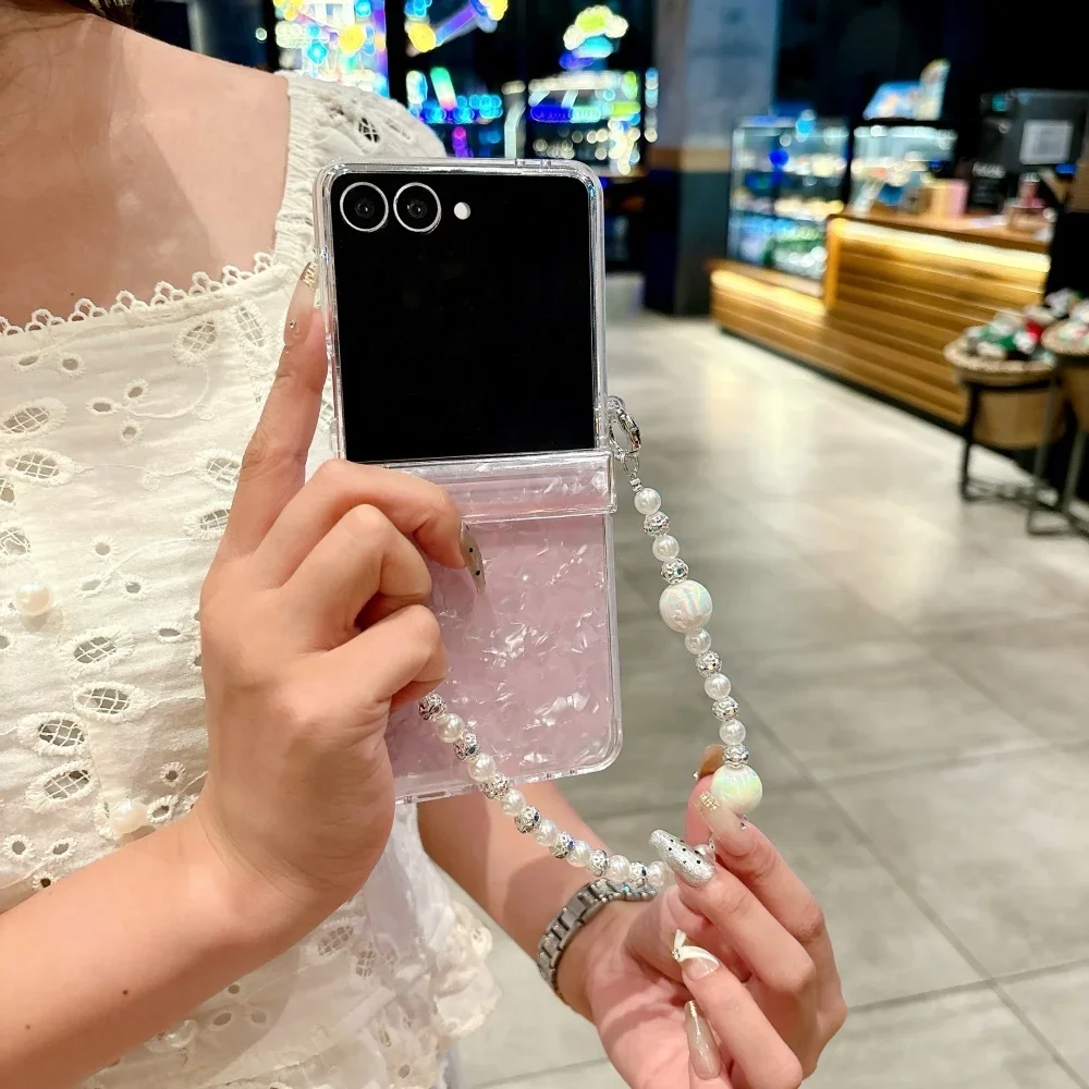 Trendy Shell Pattern Folding Phone Case with Stylish Bead Bracelet - Shockproof Design